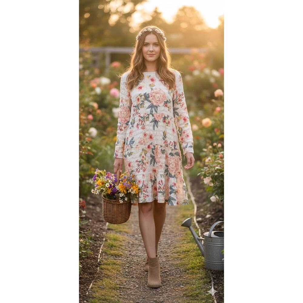 Zara Women's Floral Crinkle Textured Smocked Dress Cottagecore Fairy Prairie  XL